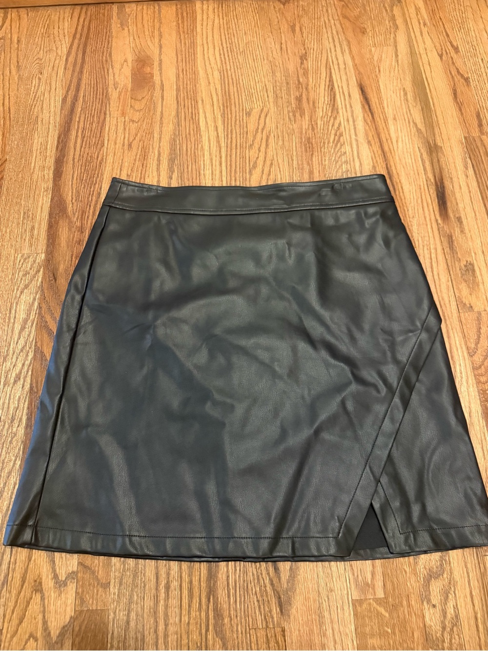 LOFT Black Faux Leather Mini Skirt with Overlap Hem